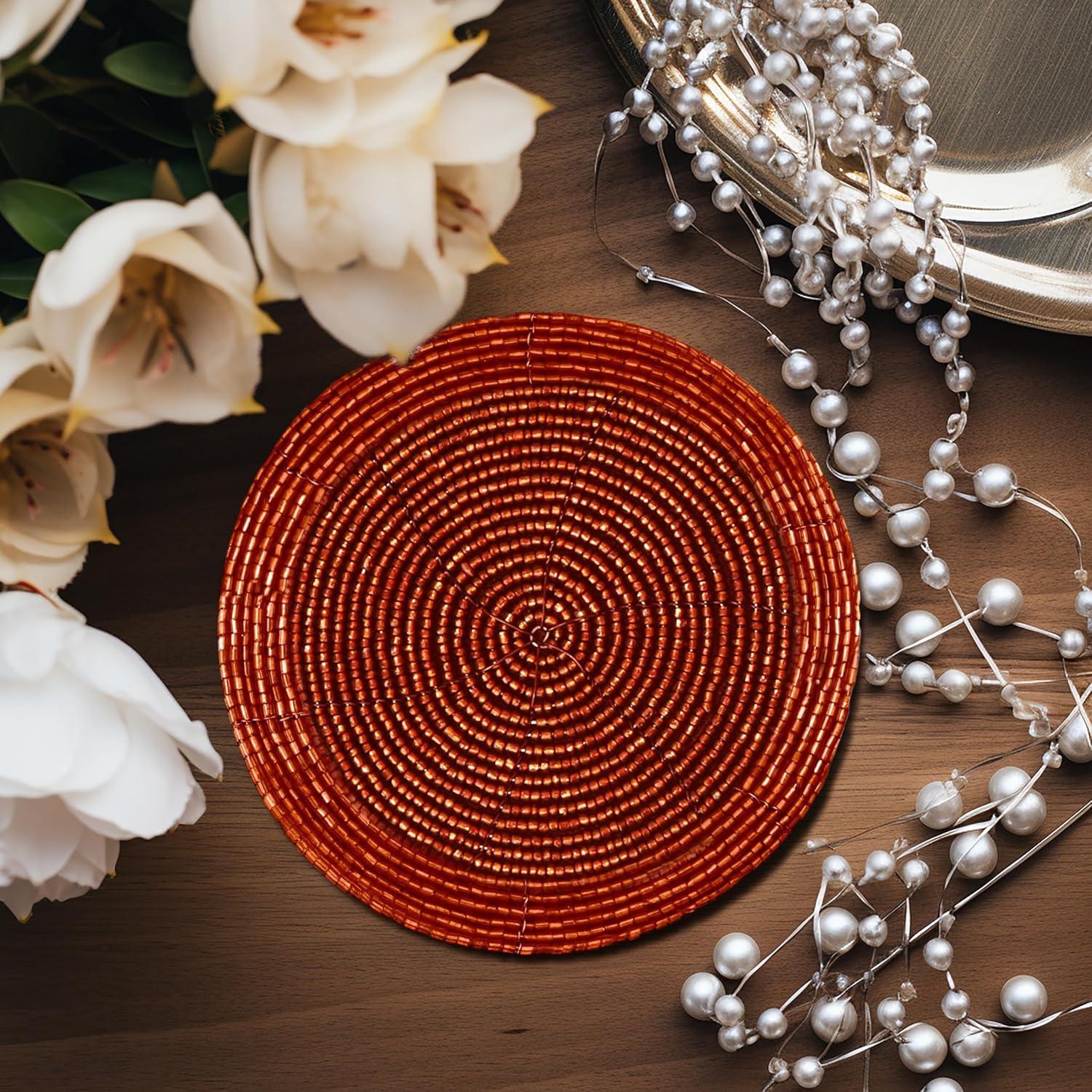 imageCOTTON CRAFT Glitz Beaded Coasters Set of 8 Handmade Bar Drink Tabletop Protection Coasters Halloween Harvest Autumn Fall Thanksgiving Holiday Christmas Xmas Party 4 inches Round BrownRust