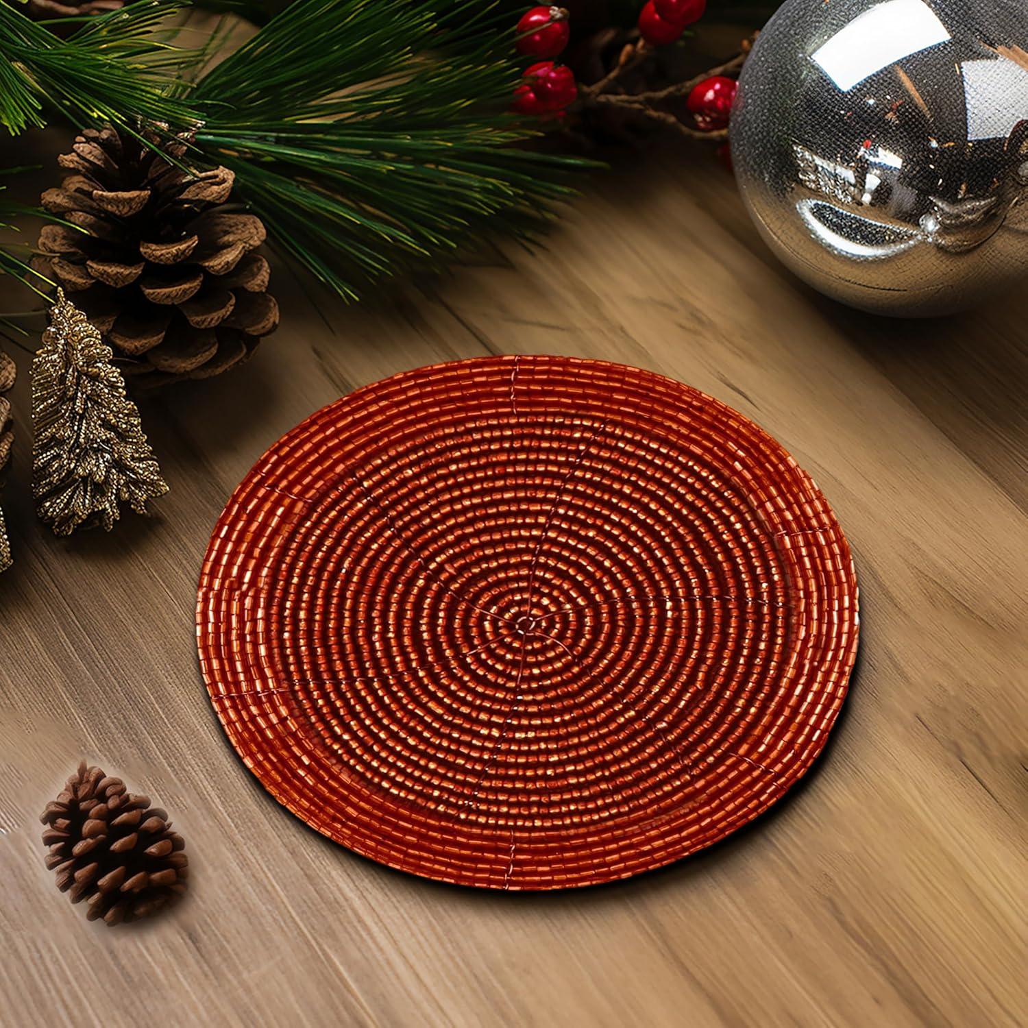 imageCOTTON CRAFT Glitz Beaded Coasters Set of 8 Handmade Bar Drink Tabletop Protection Coasters Halloween Harvest Autumn Fall Thanksgiving Holiday Christmas Xmas Party 4 inches Round BrownRust