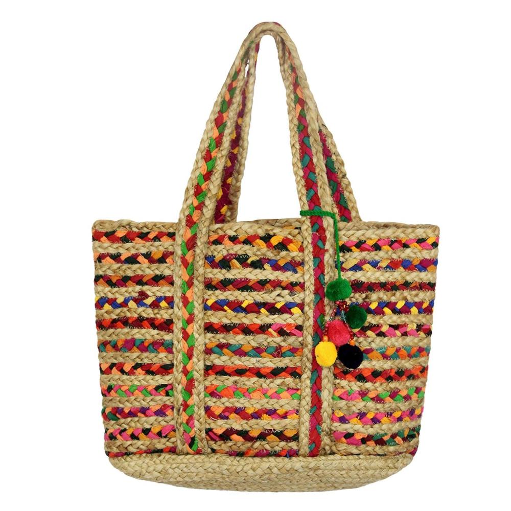 imageCOTTON CRAFT  Hand Braided Multi Chindi ampamp Jute Tote Bag  20x13x11  Reuseable Multipurpose Bag  Grocery Shopping  Beach  Made from Colorful Recycled Rag Strips  Accented with Colorful PompomsMulti