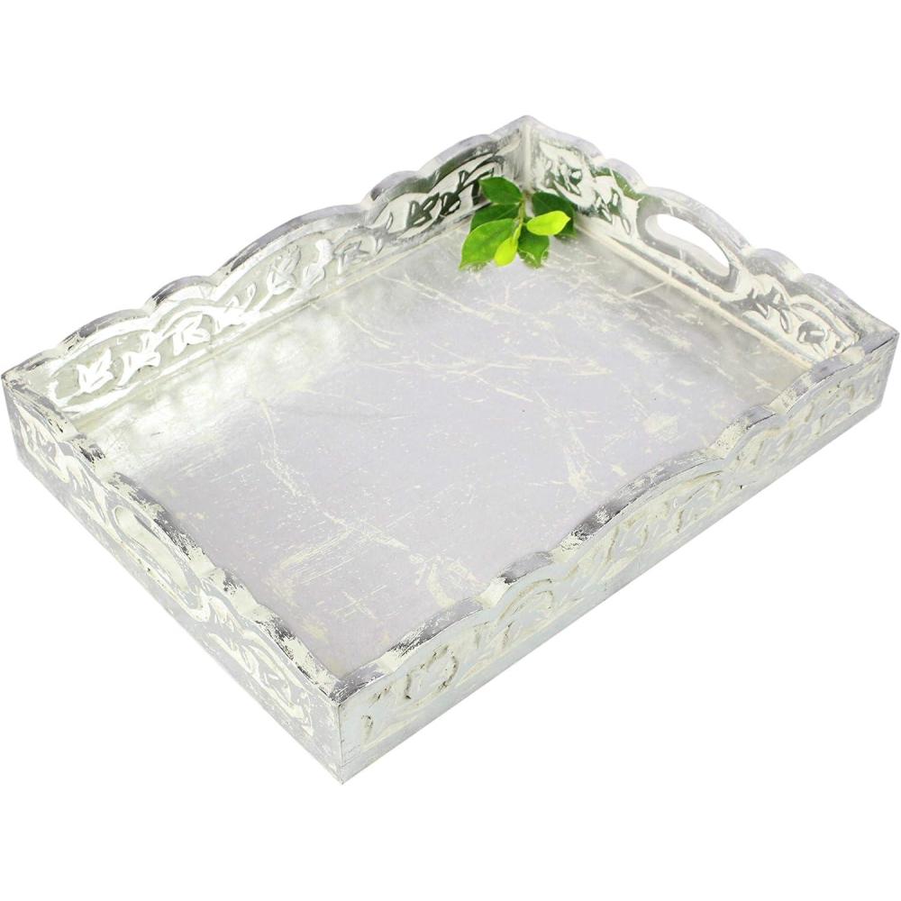 imageCOTTON CRAFT  Wooden Decorative Serving Tray  Distressed silver finish  Size 17 x 13 x 25 Inches  Intricate detail with hand carving creates a truly unique furnishing accent