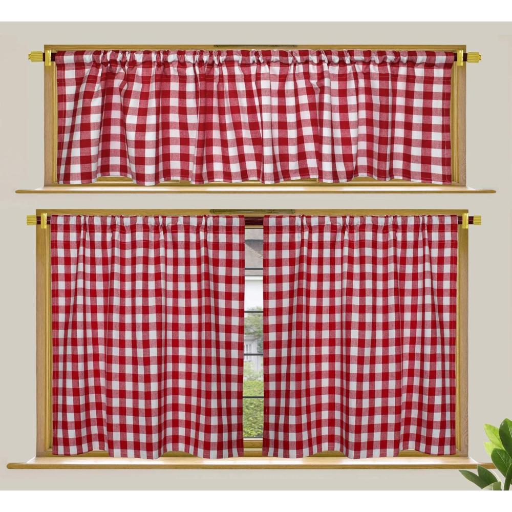 imageCOTTON CRAFT Caf Kitchen Window Curtain 3 Pc  Tier Curtains with Valance  Gingham Buffalo Check 100 Cotton Window Panel Treatment  Farmhouse Country Rustic Laundry Bedroom  30x36  16x60  BlackRed  White