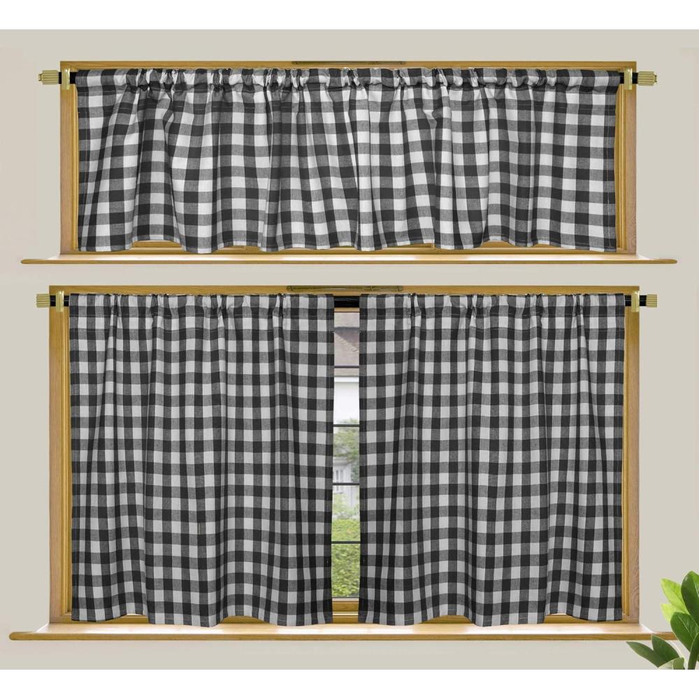 imageCOTTON CRAFT Caf Kitchen Window Curtain 3 Pc  Tier Curtains with Valance  Gingham Buffalo Check 100 Cotton Window Panel Treatment  Farmhouse Country Rustic Laundry Bedroom  30x36  16x60  BlackBlack  White
