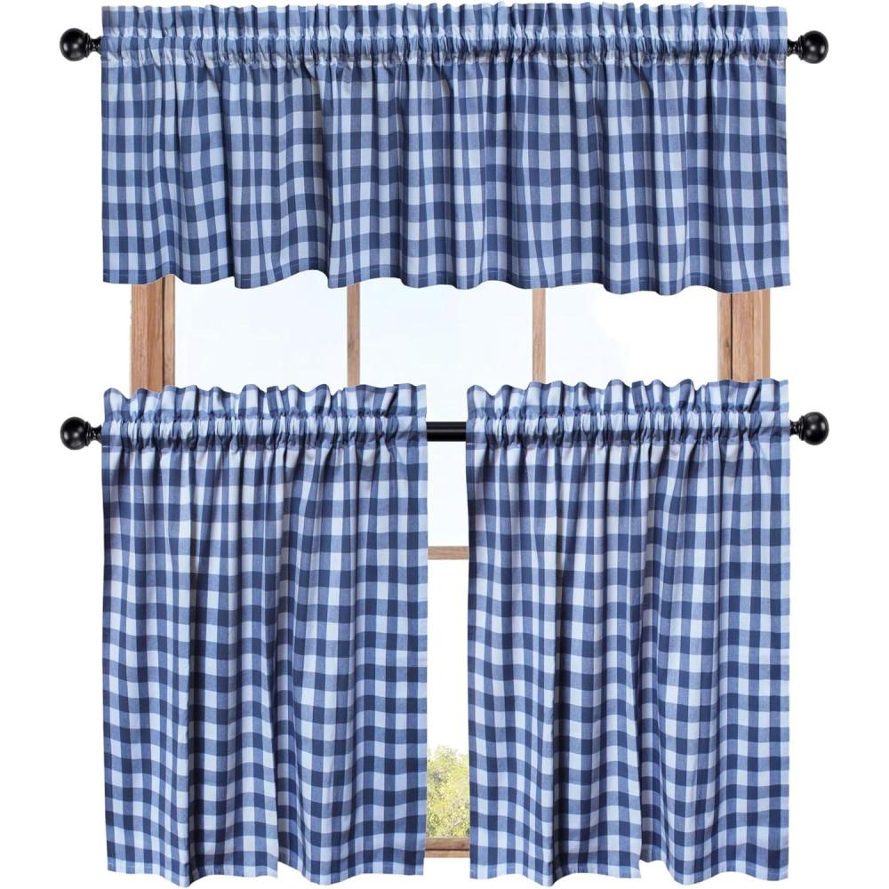 imageCOTTON CRAFT Caf Kitchen Window Curtain 3 Pc  Tier Curtains with Valance  Gingham Buffalo Check 100 Cotton Window Panel Treatment  Farmhouse Country Rustic Laundry Bedroom  30x36  16x60  BlackBlue  White