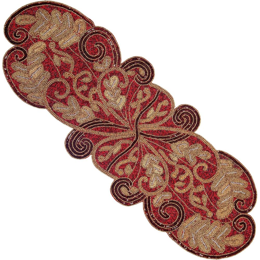 imageCOTTON CRAFT Christmas Beaded Table Runner  Poinsettia  Xmas Holiday Harvest Autumn Fall Thanksgiving Celebration Festive Party Handmade Kitchen Dining Tabletop Dcor Tablerunner  13x36  Red GreenScroll Jewel Tones