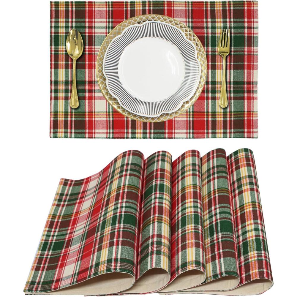 imageCOTTON CRAFT Christmas Placemats  Set of 6 Xmas Tartan Plaid Festive Table Mat  Pure Cotton Reusable Gingham Buffalo Check Decorative Celebration Party Holiday Table Dcor  13x19  Red Green MultiRed Green Multi