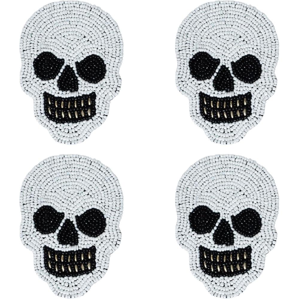 imageCOTTON CRAFT Glitz Beaded Coasters  Set of 8 Handmade Bar Drink Tabletop Protection Coasters  Halloween Harvest Autumn Fall Thanksgiving Holiday Christmas Xmas Party  4 inches Round  BrownBlack White Skull