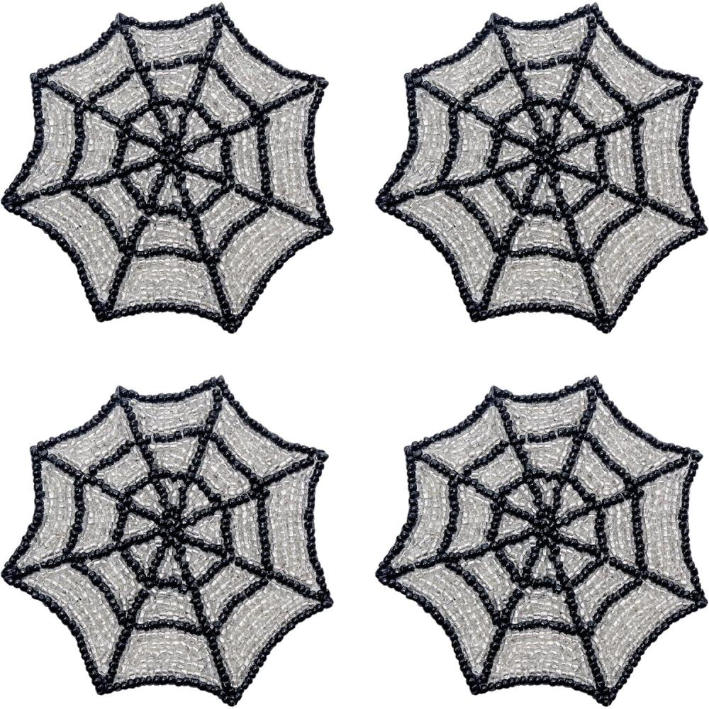 imageCOTTON CRAFT Glitz Handmade Beaded Bar Drink Tabletop Protection Coasters  Set of 8  Halloween Harvest Autumn Fall Thanksgiving Holiday Christmas Xmas Celebration Festive Party  4 in Round  SilverBlack Silver Web