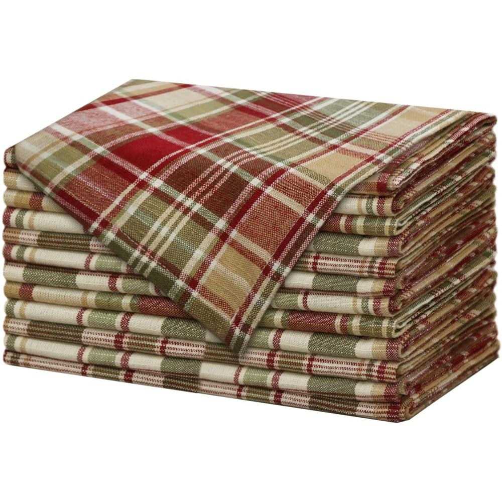 imageCOTTON CRAFT Harvest Plaid Cloth Napkin  Set of 12 Pure Cotton Dinner Napkins  Everyday Fall Halloween Thanksgiving Holiday Party Table Napkin Gift  Reusable Napkin  17x17  Rust Orange MultiBurgundy Green Ivory