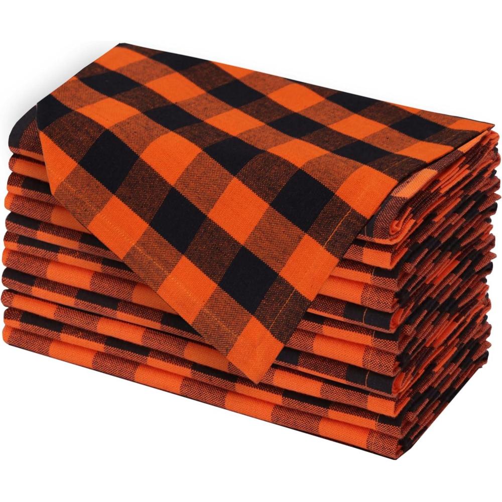 imageCOTTON CRAFT Harvest Plaid Cloth Napkin  Set of 12 Pure Cotton Dinner Napkins  Everyday Fall Halloween Thanksgiving Holiday Party Table Napkin Gift  Reusable Napkin  17x17  Rust Orange MultiOrange Black