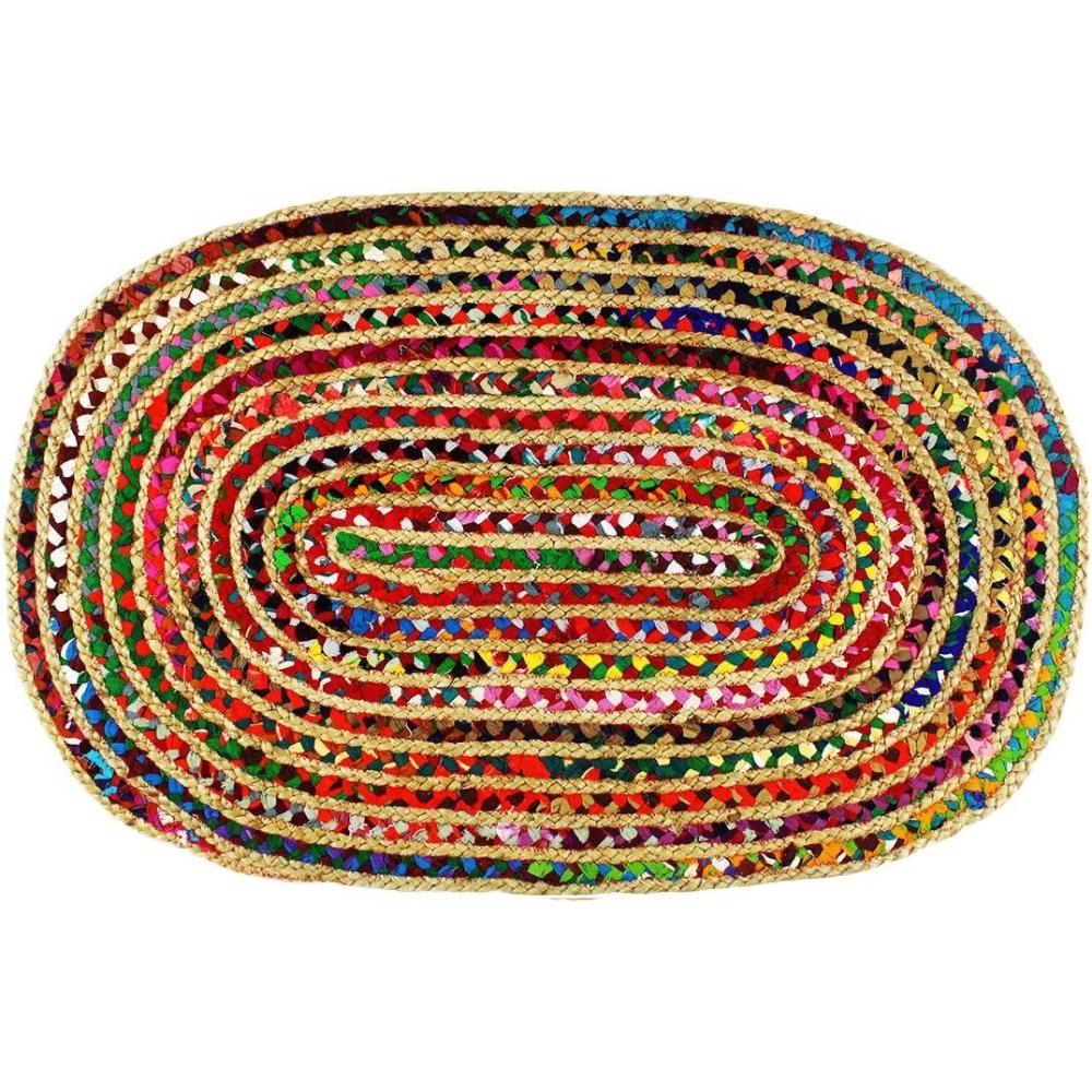 imageCOTTON CRAFT Jute Chindi Braid Rag Rug  Boho Farmhouse Rustic Area Accent Throw Rug  Handwoven Reversible Natural Recycled Cotton  Living Room Den Study Home Dcor Gift  4 Feet Round  Multi Color2 x 3 Oval