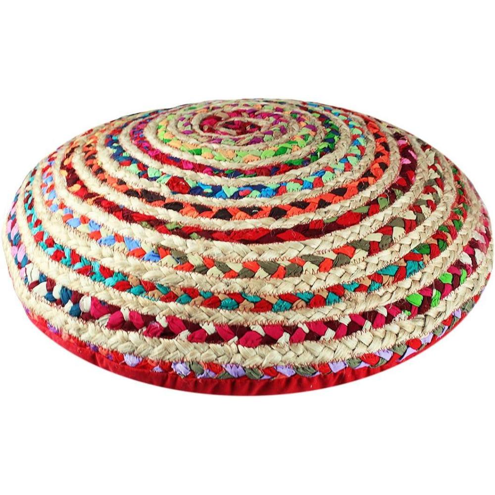 imageCOTTON CRAFT Jute Chindi Braid Rag Rug  Boho Farmhouse Rustic Area Accent Throw Rug  Handwoven Reversible Natural Recycled Cotton  Living Room Den Study Home Dcor Gift  4 Feet Round  Multi ColorFloor Pillow