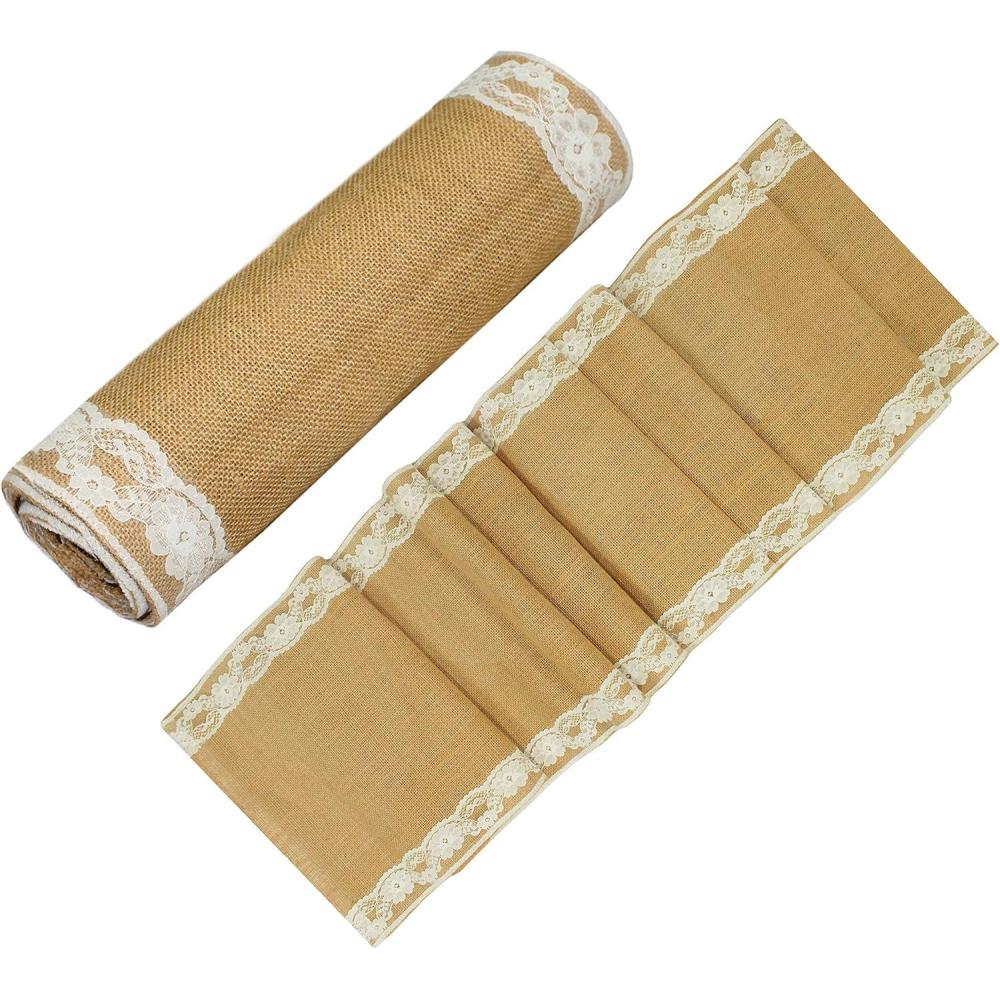 imageCOTTON CRAFT Jute Table Runner  2 Pack Natural Burlap White Lace Trim XL Tablerunners  Harvest Autumn Fall Thanksgiving Holiday Christmas Festive Party Farmhouse Dining Kitchen Tabletop 12x108 inWhite Border
