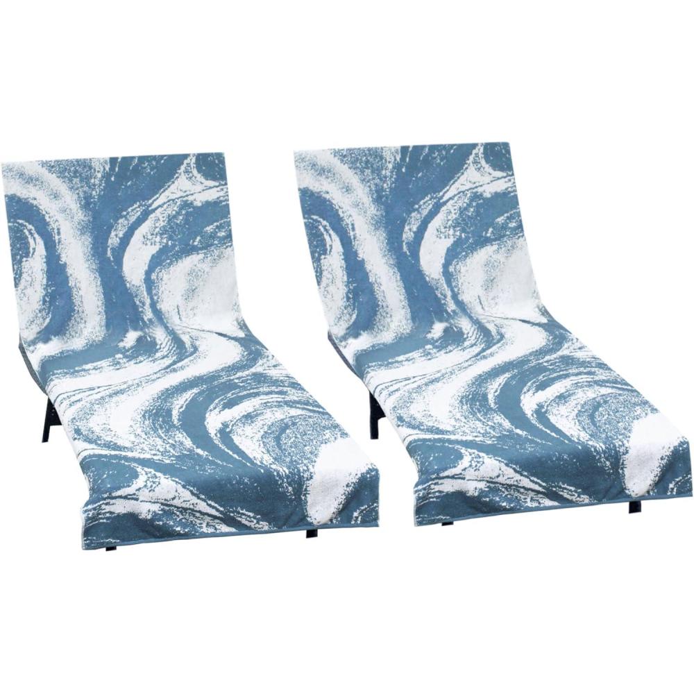 imageCOTTON CRAFT Pool Lounge Chair Cover  2 Pack  Chaise Beach Picnic Spa Towel  Cabana Stripe  Soft Premium Ringspun Terry Cotton  Oversized  32 inch wide x 82 inch long with 7 inch Pocket  OrangeWaves  Surf Blue