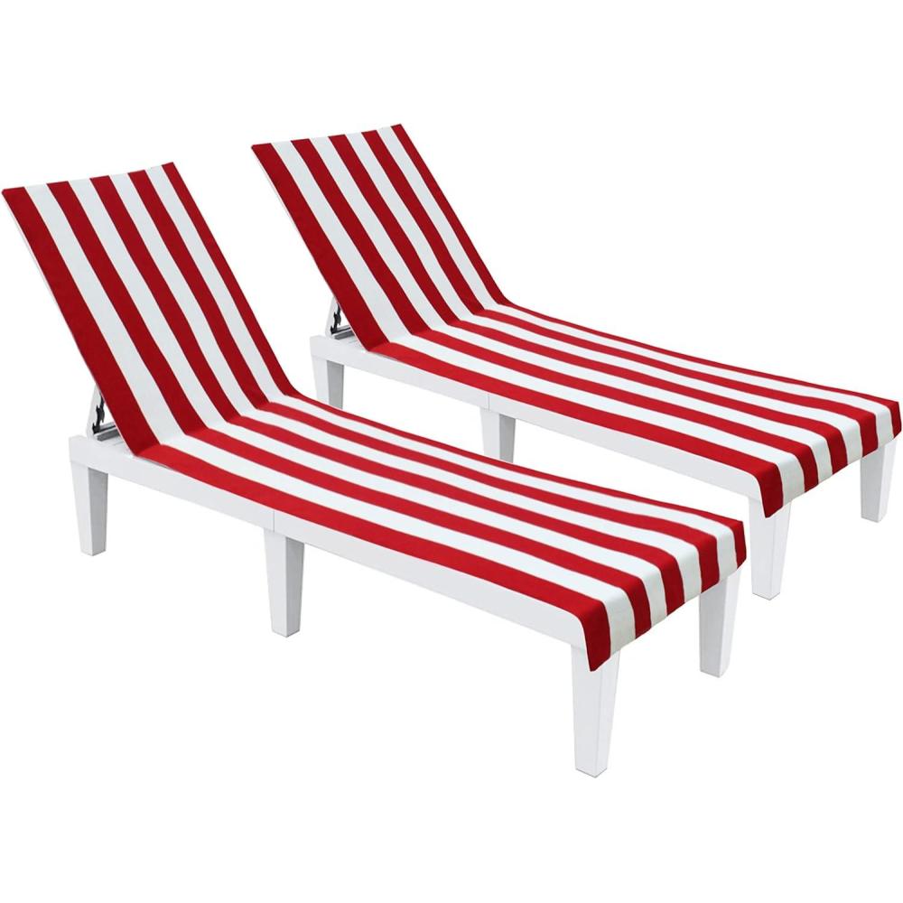 imageCOTTON CRAFT Pool Lounge Chair Cover  2 Pack  Chaise Beach Picnic Spa Towel  Cabana Stripe  Soft Premium Ringspun Terry Cotton  Oversized  32 inch wide x 82 inch long with 7 inch Pocket  OrangeRed White