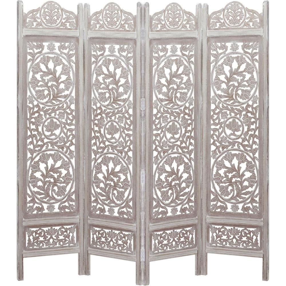 imageCOTTON CRAFT Room Divider Wood Floor Screen  Kamal Antique White 4 Folding Panel 72x80  Portable Reversible Functional Decorative Partition  Reversible Boho Freestanding Small Spaces PrivacyKamal  White Wash