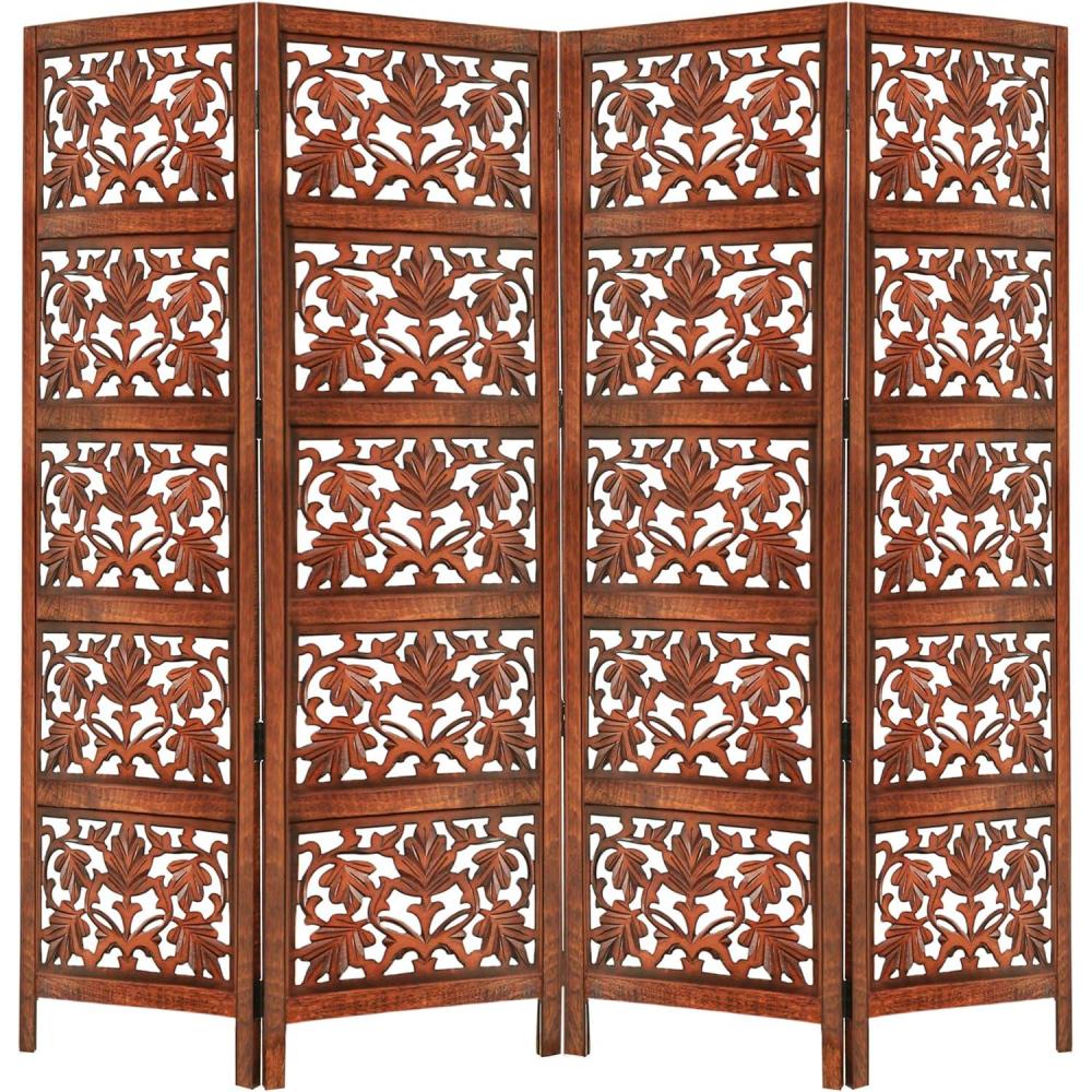imageCOTTON CRAFT Room Divider Wood Floor Screen  Kamal Antique White 4 Folding Panel 72x80  Portable Reversible Functional Decorative Partition  Reversible Boho Freestanding Small Spaces PrivacyPadma  Brown
