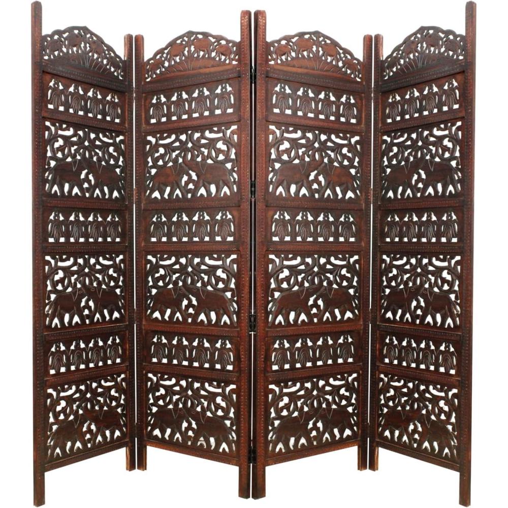 imageCOTTON CRAFT Room Divider Wood Floor Screen  Kamal Antique White 4 Folding Panel 72x80  Portable Reversible Functional Decorative Partition  Reversible Boho Freestanding Small Spaces PrivacyHathi  Walnut Brown
