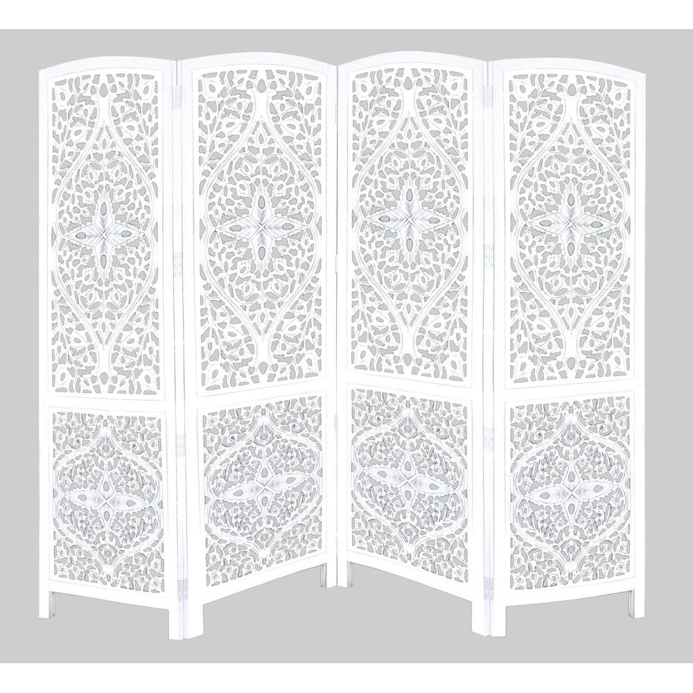 imageCOTTON CRAFT Room Divider Wood Floor Screen  Kamal Antique White 4 Folding Panel 72x80  Portable Reversible Functional Decorative Partition  Reversible Boho Freestanding Small Spaces PrivacyKosi  White