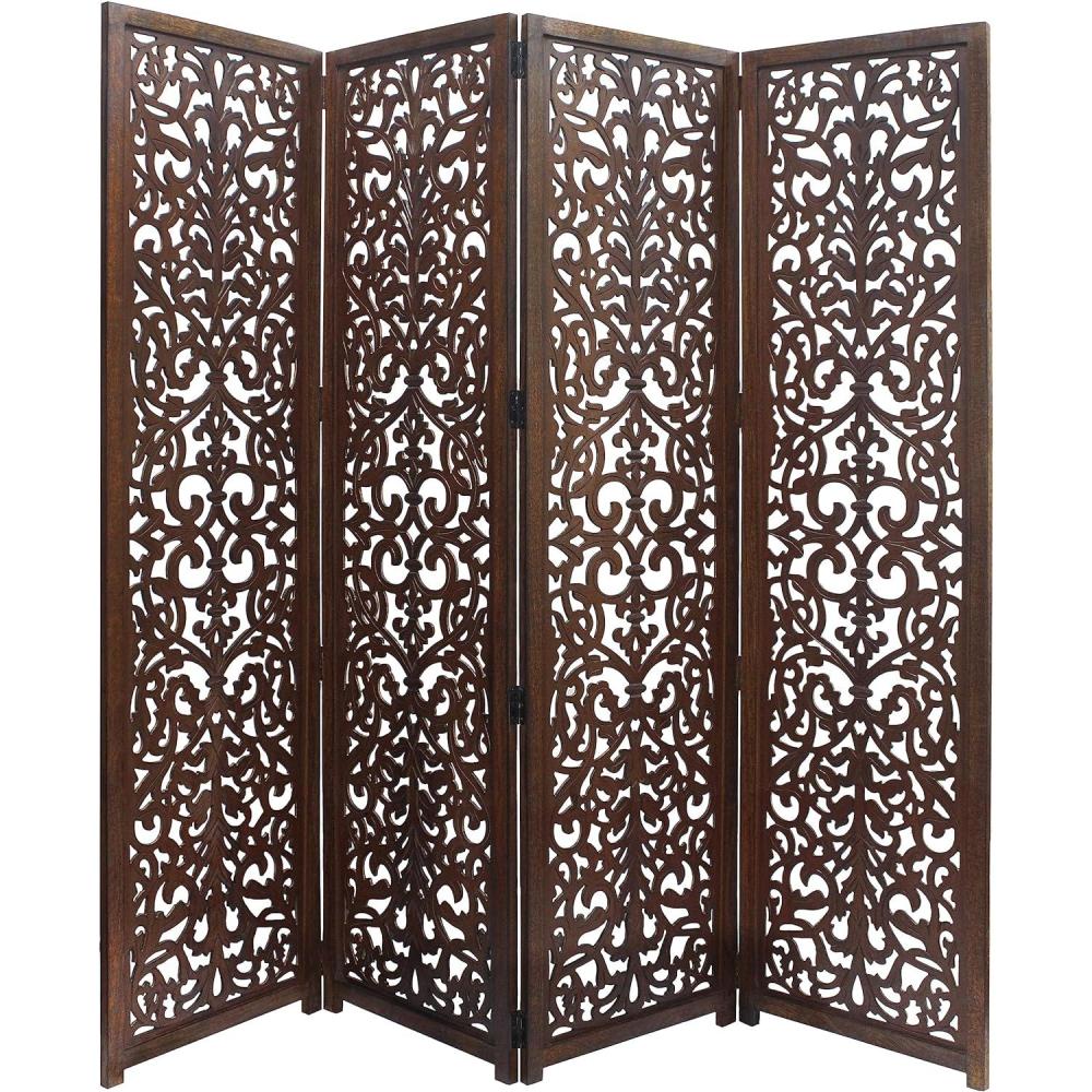 imageCOTTON CRAFT Room Divider Wood Floor Screen  Kamal Antique White 4 Folding Panel 72x80  Portable Reversible Functional Decorative Partition  Reversible Boho Freestanding Small Spaces PrivacyScroll  Antique Brown