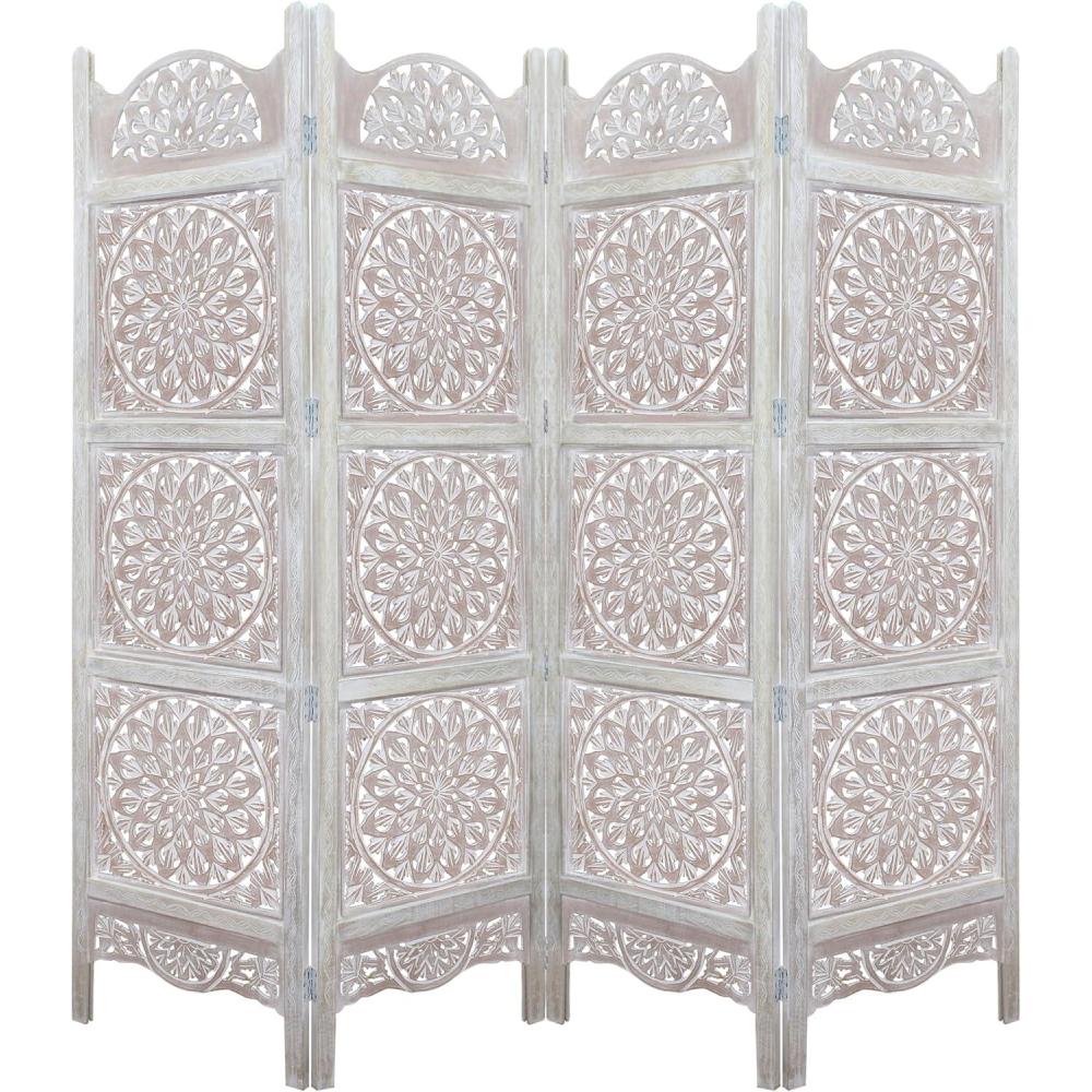 imageCOTTON CRAFT Room Divider Wood Floor Screen  Kamal Antique White 4 Folding Panel 72x80  Portable Reversible Functional Decorative Partition  Reversible Boho Freestanding Small Spaces PrivacyMedallion  White Wash