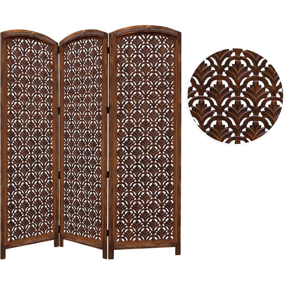 imageCOTTON CRAFT Room Divider Wood Floor Screen  Kamal Antique White 4 Folding Panel 72x80  Portable Reversible Functional Decorative Partition  Reversible Boho Freestanding Small Spaces PrivacyTaj  Antique Brown