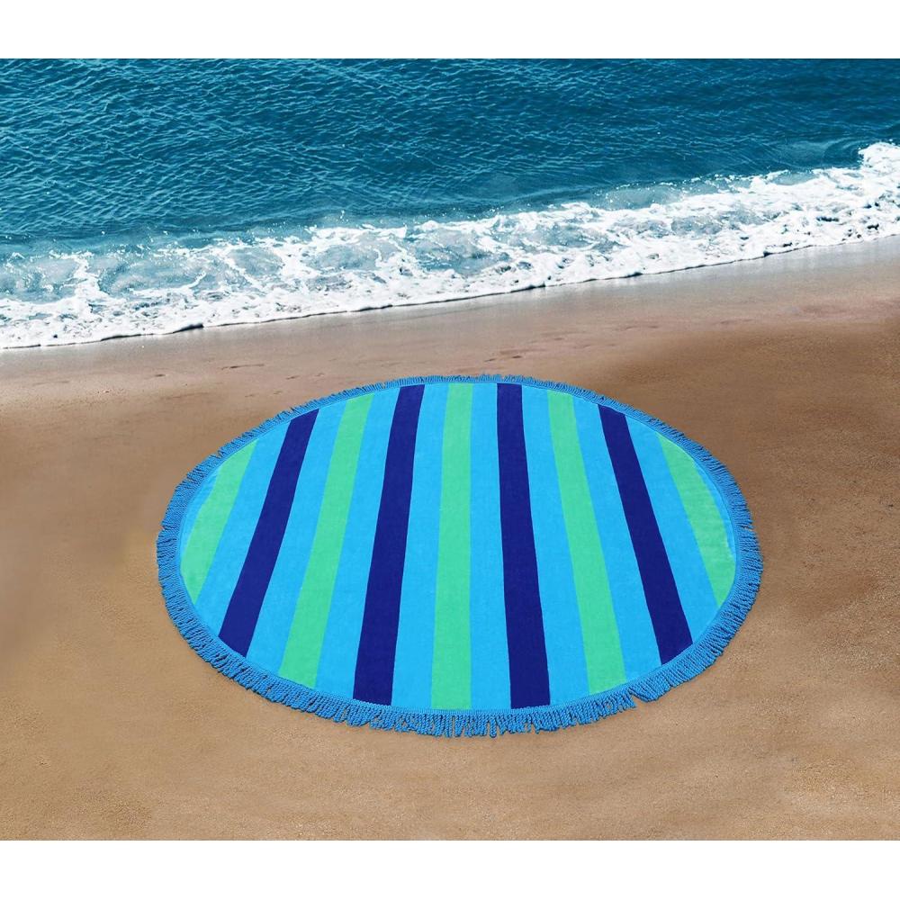 imageCOTTON CRAFT Round Beach Towel Blanket  100 Cotton Plush Jacquard Velour 5 Foot Pool Picnic Towel Yoga Meditation Mat  60 Inch Circular Beach Blanket Throw with Fringe  Cabana Stripe Blue GreenCabana Stripe Blue Green