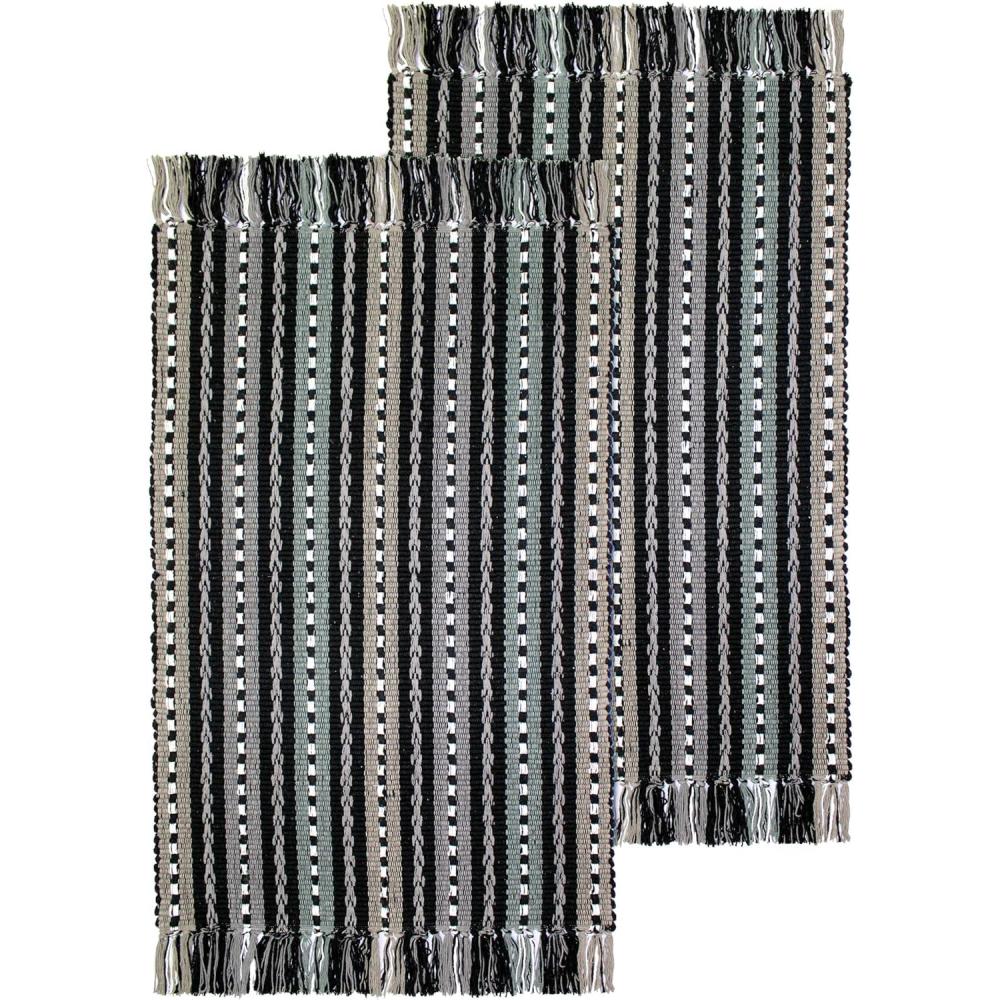 imageCOTTON CRAFT Salsa Stripe Area Rug  Set of 2 Pure Cotton Woven Accent Rug Carpet  Washable Reversible Doorway Porch Bedroom Kitchen Living Room Laundry Throw Rug  2 x 3  Black Grey Multicolor