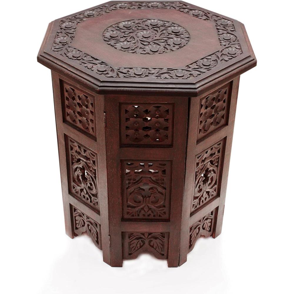imageCotton Craft Solid Wood Accent End Table  Hand Carved Vintage Boho Folding Side Table  Small Spaces Entryway Farmhouse Living Room Bedside  No Tools Assembly 18x18 Round  Jaipur Antique BrownAntique Dark Brown