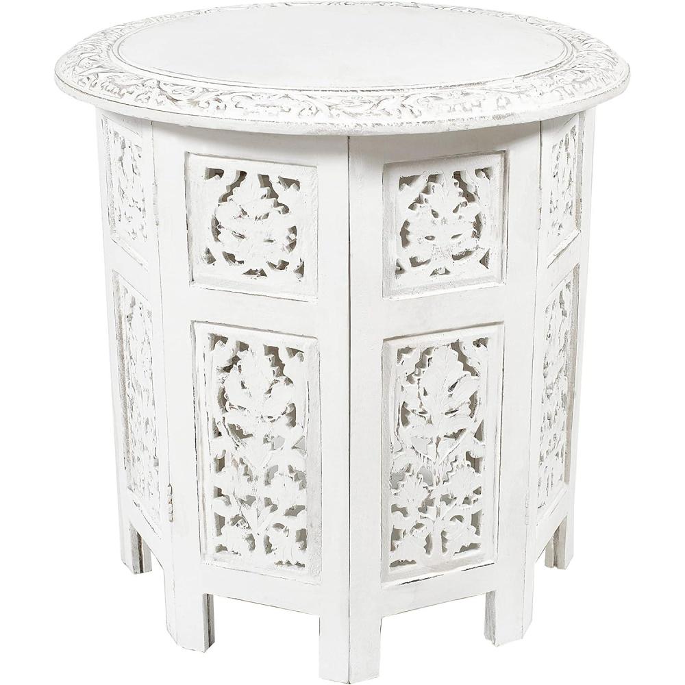 imageCotton Craft Solid Wood Accent End Table  Hand Carved Vintage Boho Folding Side Table  Small Spaces Entryway Farmhouse Living Room Bedside  No Tools Assembly 18x18 Round  Jaipur Antique BrownAntique White