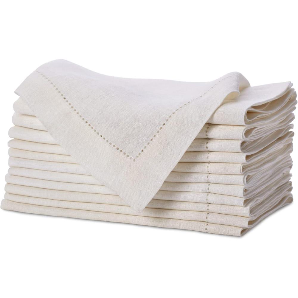 imageGenuine Linen Napkins  Set of 12 Cloth Napkins with Hemstitch Detail  Hand Crafted Pure Luxury Linen Reusable Lunch Dinner Napkin  Fall Summer Holiday Table  Large 18x18 Natural  COTTON CRAFTIvory