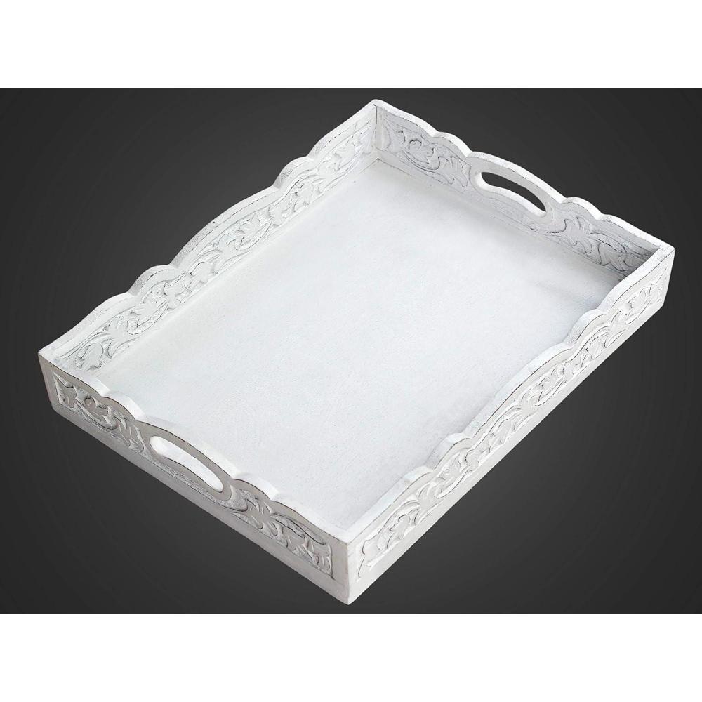 imageHand Carved Wooden Serving Tray  Decorative Breakfast Tray with Handles  Rustic Wooden Food Tray with Intricate Detail  Unique Furnishing Accent  Distressed White Finish  17x13x25  COTTON CRAFT