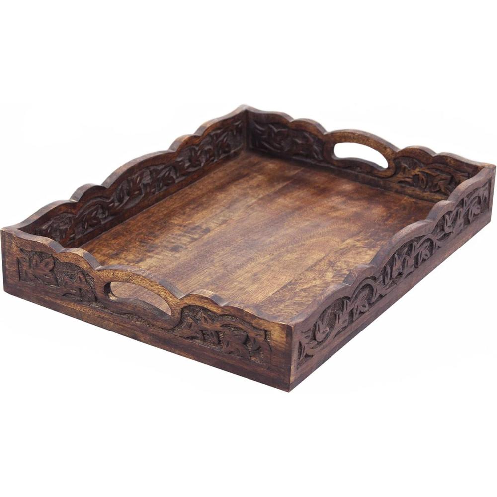 imageHand Carved Wooden Serving Tray  Decorative Breakfast Tray with Handles  Rustic Wooden Food Tray with Intricate Detail  Unique Furnishing Accent  Natural Finish  17 x 13 x 25 Inch  COTTON CRAFTNatural