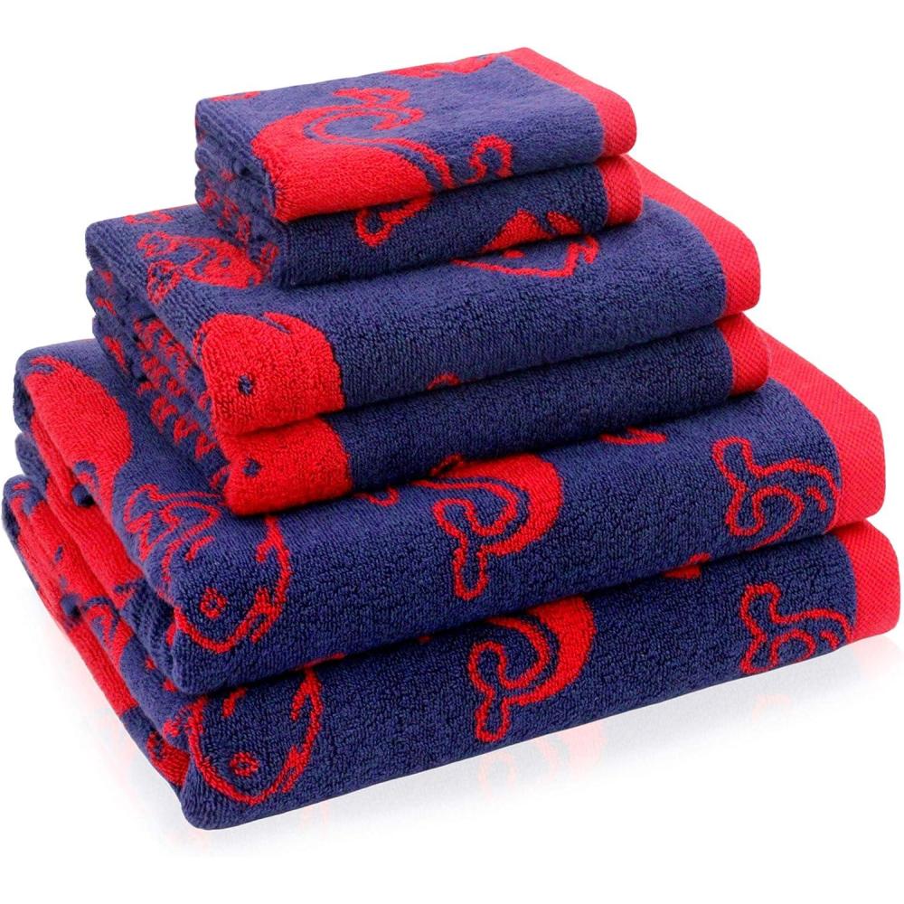 imageORIGINAL KIDS 6 Piece Towel Set  Bath Time Whale of A Time  2 Bath Towels 2 Hand Towels 2 Washcloths in Bonus Tote Bag  100 Cotton Jacquard Soft Absorbent Pool Beach Towel Gift  Navy Blue Red