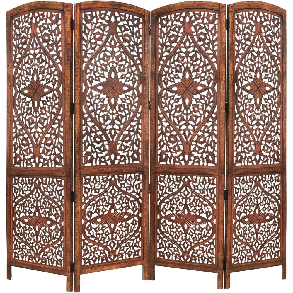 imageRoom Divider Wood Floor Screen Partition  Sari Patchwork Fabric on Antique Brown Wood Frame  Three Folding Panels 60x72  Free Standing Portable Small Spaces Boho Hand Crafted Screen  COTTON CRAFTKosi  Brown
