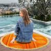 COTTON CRAFT Round Beach Towel Blanket – 100% Cotton Plush Jacquard Velour 5 Foot Pool Picnic Towel Yoga Meditation Mat – 60 Inch Circular Beach Blanket Throw with Fringe – Cabana Stripe Blue Green(Sunshine Orange Yellow)
