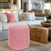 COTTON CRAFT Round Dori Pouf – Cotton Braid Cord Cable Knitted Ottoman – Foot Stool Footrest Floor Pouf Accent Furniture Bean Bag – Living Room Dorm Décor – 20.5 Dia x 13.5 High – Round Ivory Cream(Pink – Cylindrical)