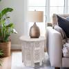 Cotton Craft Solid Wood Accent End Table – Hand Carved Vintage Boho Folding Side Table – Small Spaces Entryway Farmhouse Living Room Bedside – No Tools Assembly -18×18 Round – Jaipur Antique Brown(White Wash Round)