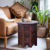 Cotton Craft Solid Wood Accent End Table – Hand Carved Vintage Boho Folding Side Table – Small Spaces Entryway Farmhouse Living Room Bedside – No Tools Assembly -18×18 Round – Jaipur Antique Brown(Antique Dark Brown)