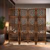 Room Divider Wood Floor Screen Partition – Sari Patchwork Fabric on Antique Brown Wood Frame – Three Folding Panels 60×72 – Free Standing Portable Small Spaces Boho Hand Crafted Screen – COTTON CRAFT(Coral – Antique Brown)