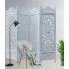 Room Divider Wood Floor Screen Partition – Sari Patchwork Fabric on Antique Brown Wood Frame – Three Folding Panels 60×72 – Free Standing Portable Small Spaces Boho Hand Crafted Screen – COTTON CRAFT(Kamal – Antique White)