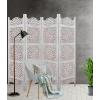 Room Divider Wood Floor Screen Partition – Sari Patchwork Fabric on Antique Brown Wood Frame – Three Folding Panels 60×72 – Free Standing Portable Small Spaces Boho Hand Crafted Screen – COTTON CRAFT(Medallion – White Wash)