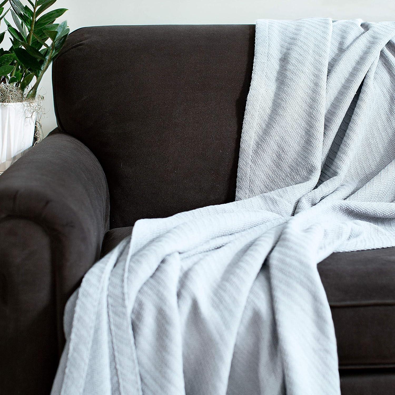 imageCOTTON CRAFT Soft Cotton Thermal Blanket Plush Herringbone Twill All Season Luxurious Breathable Skin Friendly Lightweight Cooling Throw Blanket Sofa Couch Travel Camping Dorm Full Queen IvorySky Blue