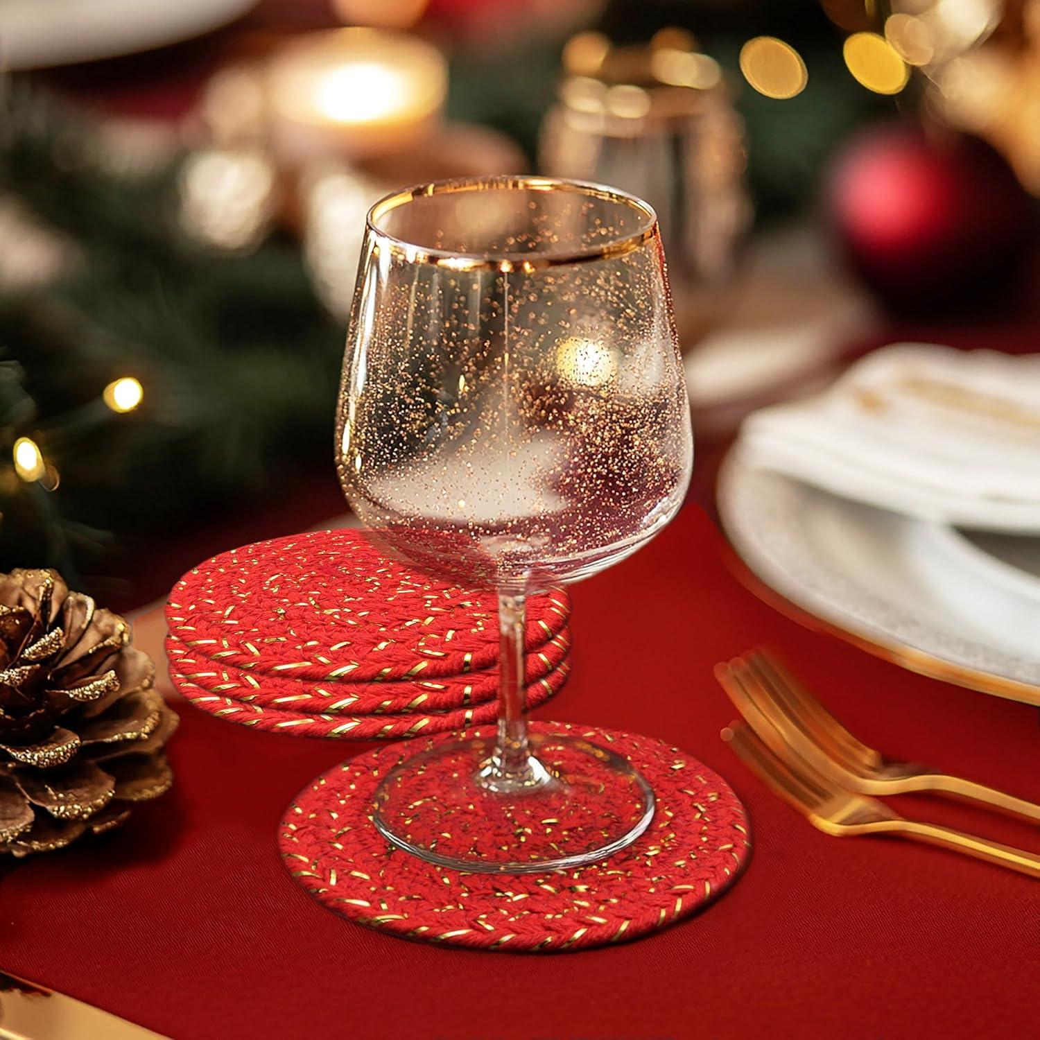 imageCOTTON CRAFT Glitz Beaded Coasters  Red Jingle Bells  Set of 8 Handmade Drinks Coasters  Bar Kitchen Party Tabletop Protection  Christmas Xmas Festive Dcor 4 inches RoundRed Gold