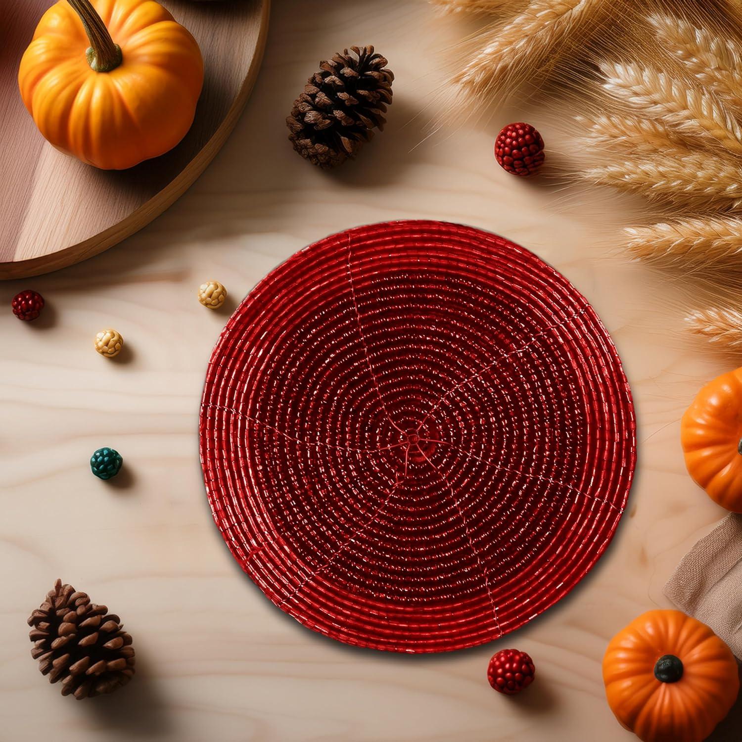 imageCOTTON CRAFT Glitz Beaded Coasters  Red Jingle Bells  Set of 8 Handmade Drinks Coasters  Bar Kitchen Party Tabletop Protection  Christmas Xmas Festive Dcor 4 inches RoundRed