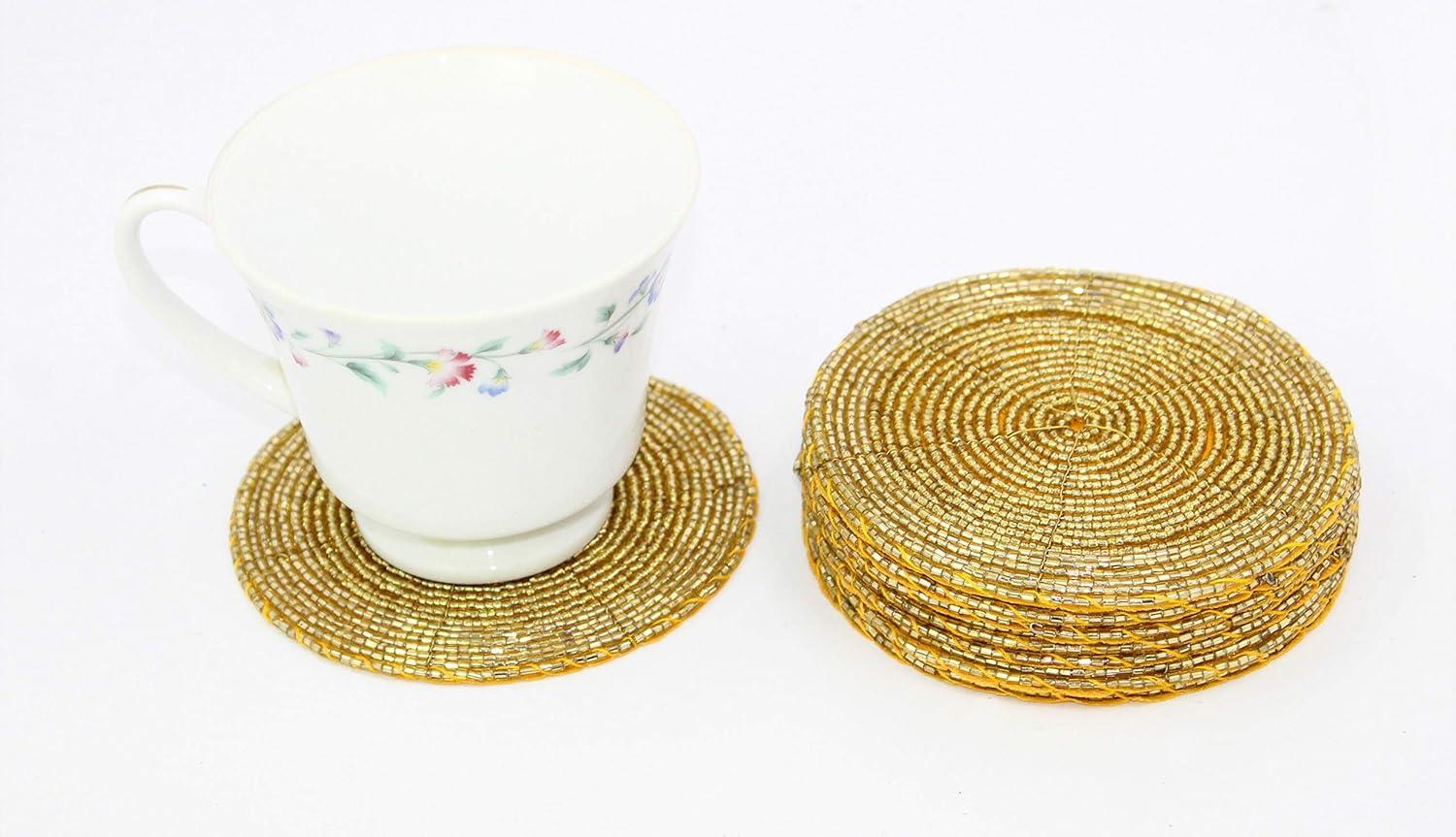 imageCOTTON CRAFT Glitz Beaded Coasters  Red Jingle Bells  Set of 8 Handmade Drinks Coasters  Bar Kitchen Party Tabletop Protection  Christmas Xmas Festive Dcor 4 inches RoundGold