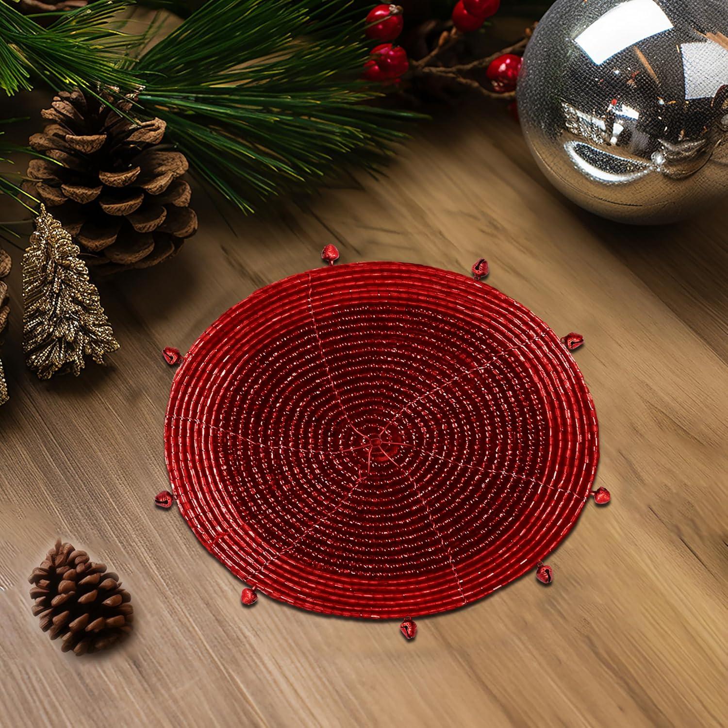 imageCOTTON CRAFT Glitz Beaded Coasters  Red Jingle Bells  Set of 8 Handmade Drinks Coasters  Bar Kitchen Party Tabletop Protection  Christmas Xmas Festive Dcor 4 inches RoundRed Bells