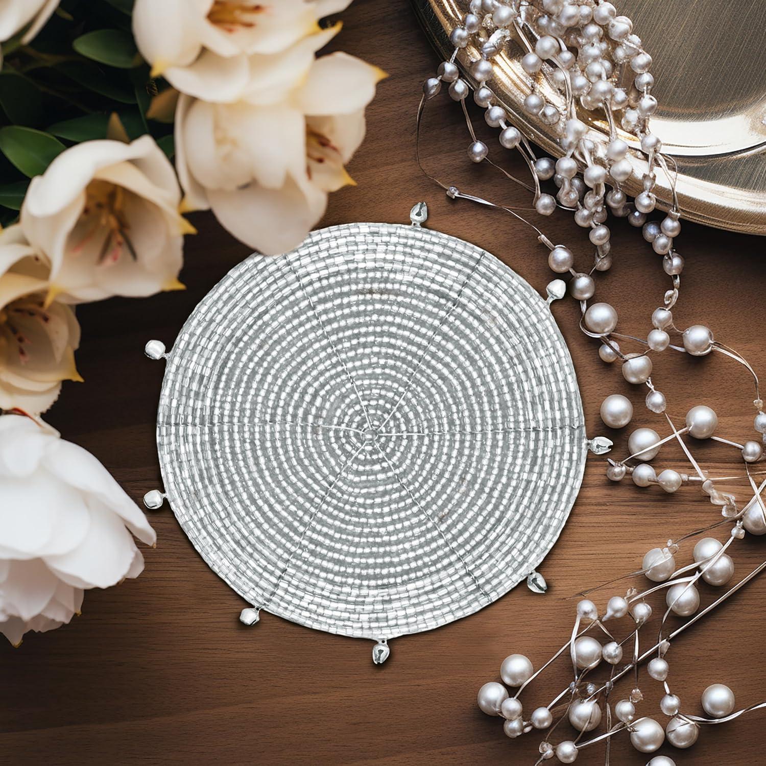 imageCOTTON CRAFT Glitz Beaded Coasters  Red Jingle Bells  Set of 8 Handmade Drinks Coasters  Bar Kitchen Party Tabletop Protection  Christmas Xmas Festive Dcor 4 inches RoundSilver Bells