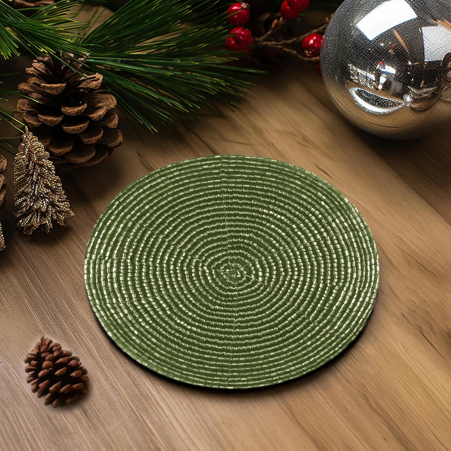 imageCOTTON CRAFT Glitz Beaded Coasters  Red Jingle Bells  Set of 8 Handmade Drinks Coasters  Bar Kitchen Party Tabletop Protection  Christmas Xmas Festive Dcor 4 inches RoundGreen