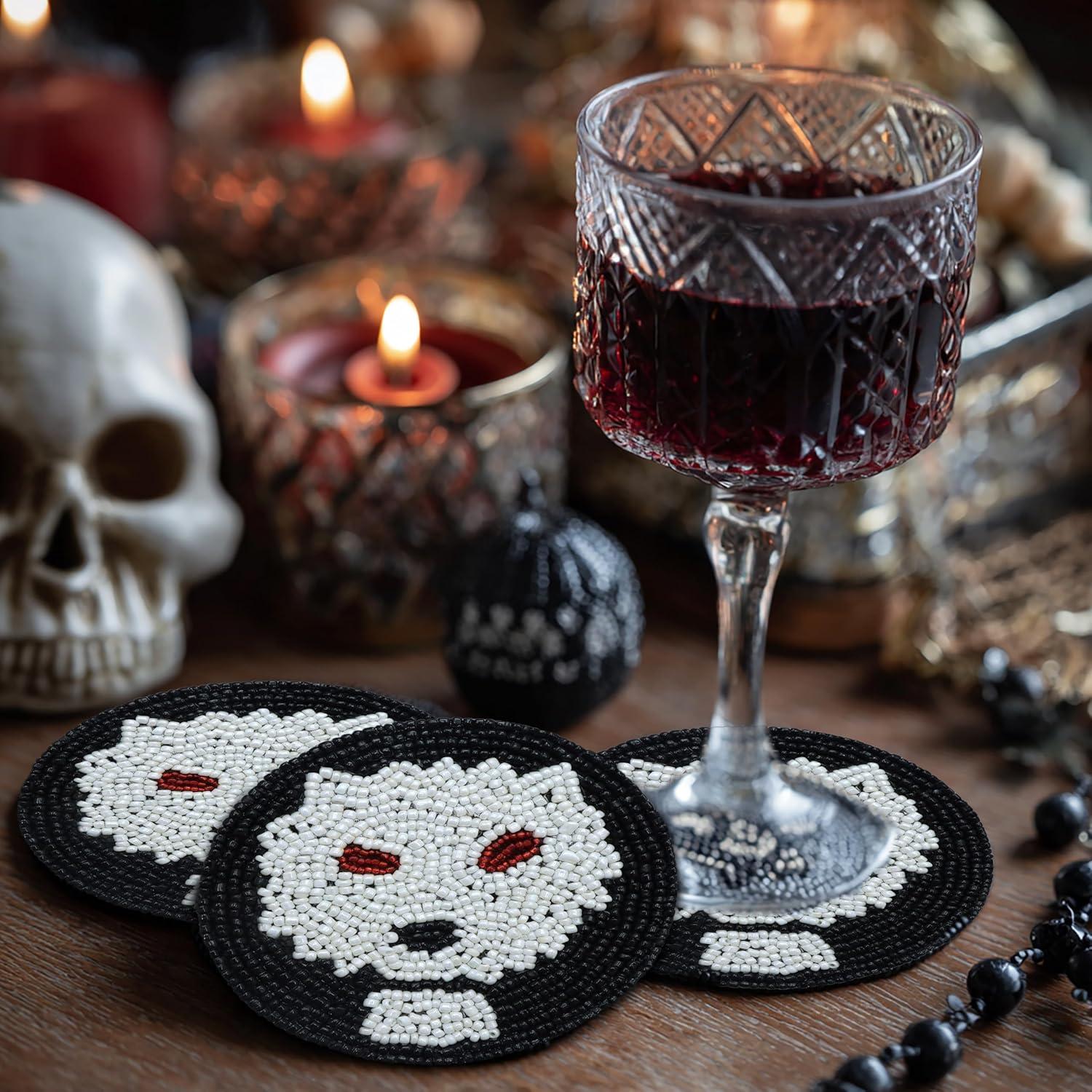 imageCOTTON CRAFT Glitz Beaded Coasters  Red Jingle Bells  Set of 8 Handmade Drinks Coasters  Bar Kitchen Party Tabletop Protection  Christmas Xmas Festive Dcor 4 inches RoundBlack White Ghoul