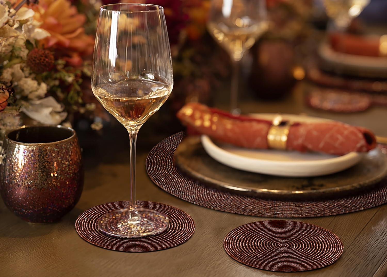 imageCOTTON CRAFT Glitz Beaded Coasters  Red Jingle Bells  Set of 8 Handmade Drinks Coasters  Bar Kitchen Party Tabletop Protection  Christmas Xmas Festive Dcor 4 inches RoundBrown